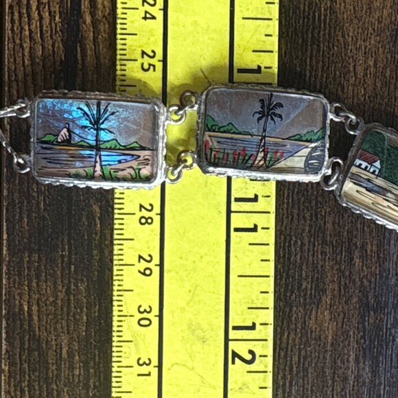 VTG 900 Silver Blue Morpho Butterfly Wings Hand Painted Tropical Scene Bracelet - Picture 11 of 12